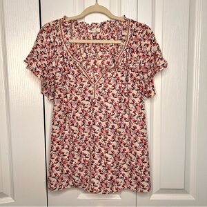 Max Studio Women’s Boho Floral Flutter Sleeves V Neck Top Blouse Size Large